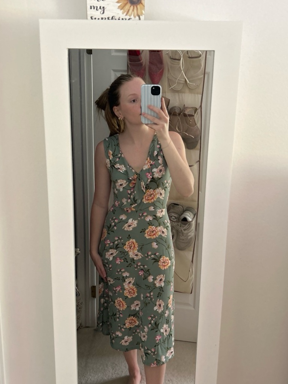 Floral Sage Green V-Neck Midi Dress